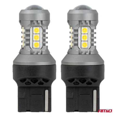 Żarówki LED W21W 7440 bez CANBUS 12/24 V, 15 diod SMD 3030, soczewka, światło białe, 2 szt. - AMiO 04996