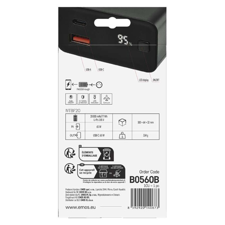 Powerbank, 20000 mAh, 65 W, szybkie ładowanie PD, czarny, EMOS B0560