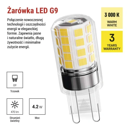 Żarówka LED G9 kapsułka JC, 4,2 W, odpowiednik 40 W, ciepła biel, 470 lm, EMOS ZAR-E-ZQ9E22
