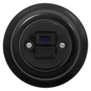 Ładowarka USB A+C 20W okrągła czarna ceramiczna podtynkowa z ramką - Ceramic Loft