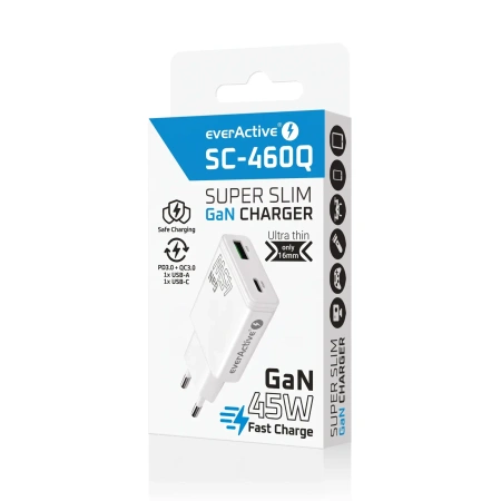 Ładowarka sieciowa GaN 45W USB-C PD + USB-A QC3.0 - super slim everActive SC-460Q