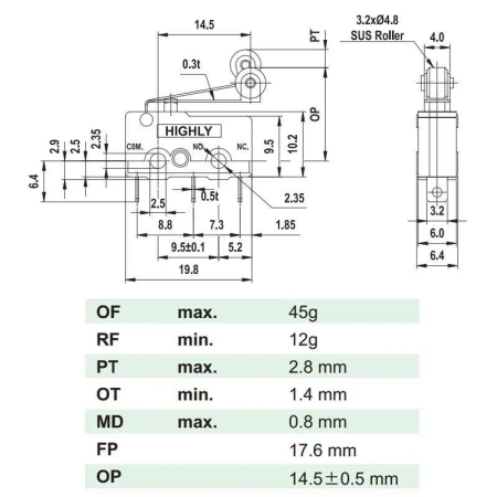 Przełącznik krańcowy ON- (ON), dźwignia z rolką, 5A, SS0505P