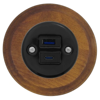 Ładowarka USB A+C 20W okrągła czarna ceramiczna podtynkowa z ramką drewnianą ciemną - Ceramic Loft