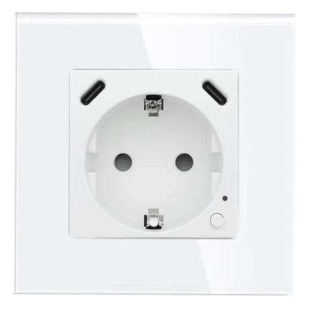Gniazdko pojedyncze Schuko 2x USB-C 20W - watomierz - WiFi / BT - szklana ramka - biały - Tawoia Glass