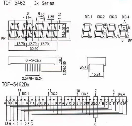 Wyświetlacz LED 7 segmentowy 0.56'' 14.2mm, 4 znaki, biały, WA