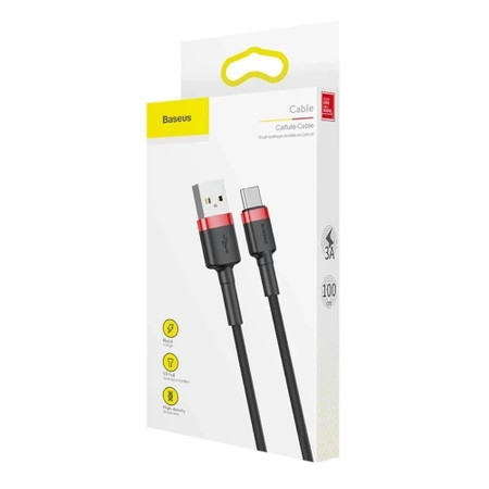 Kabel USB do USB-C 1m, szybkie ładowanie QC3.0 3A, nylonowy oplot, czarno-czerwony Baseus