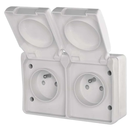 Gniazdo elektryczne podwójne bryzgoszczelne IP54 z klapką, montaż natynkowy, kolor biały, EMOS A1397.3