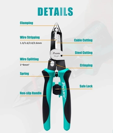 Szczypce wielofunkcyjne: (obcinaczki, ściągacz izol., Zaciskarka) CP-420 Proskit