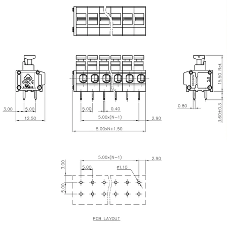Złącze zatrzaskowe 2 pola, raster 5mm, DG235