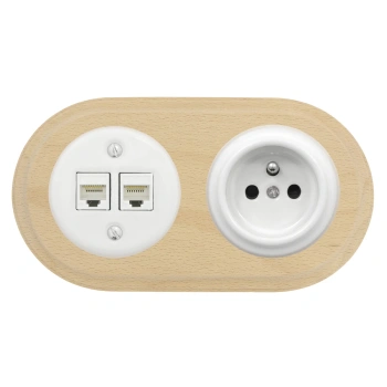 Gniazdo Ethernet Cat6 x2 + Gniazdo elektryczne okrągłe białe z ramką podwójną jasne drewno, montaż podtynkowy, Ceramic Loft