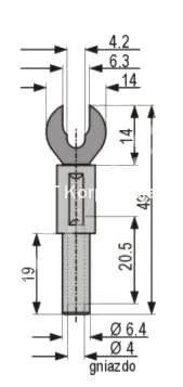 Widełki kablowe rozwarcie 6.3/4.3mm, z gniazdem 4mm, niebieski