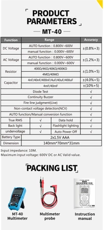 Miernik uniwersalny, automatyczna zmiana zakresów, True RMS, FNIRSI MT40