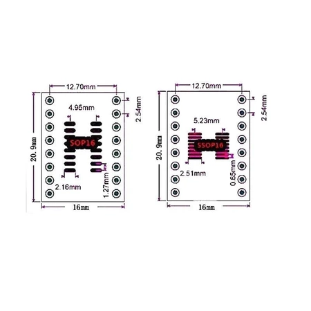 Adapter płytkowy SOP16 / SSOP16 na DIP do prototypowania układów SMD, PU03