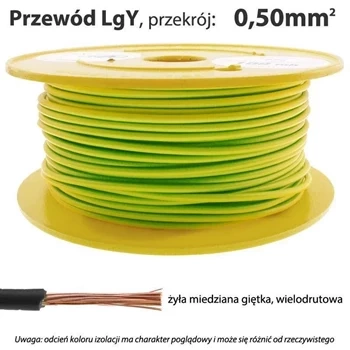 Przewód instalacyjny miedziany jednożyłowy LgY 0,50 mm2, linka giętka, żółto-zielony