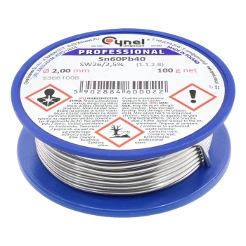 Cyna lutownicza z topnikiem SW26 - 2mm - spoiwo Sn60Pb40 Cynel 100g