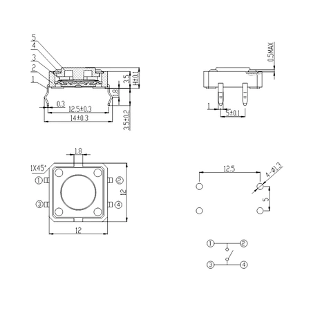 Mikroprzełącznik tact switch TS12-130 12 × 12 mm, wysokość 9 mm