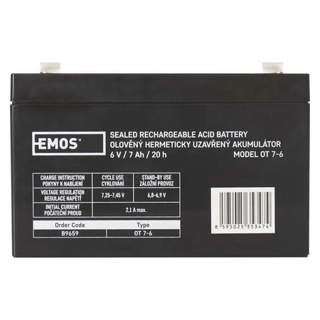 Akumulator AGM bezobsługowy, 6 V, 7 Ah, 151 × 34 × 94 mm, 1,2 kg, EMOS B9659