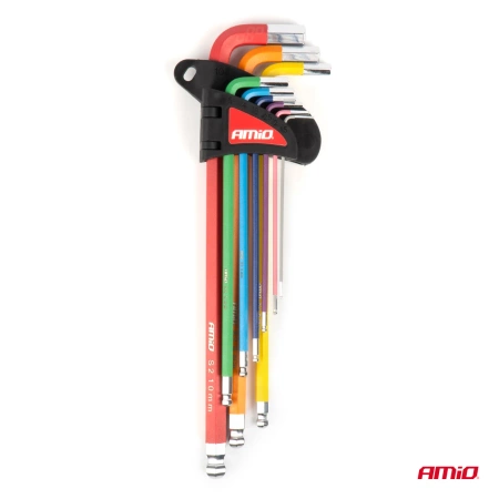 Zestaw kluczy imbusowych HEX z kulką - Extra Long, kolorowe 9 szt. AMIO-04299