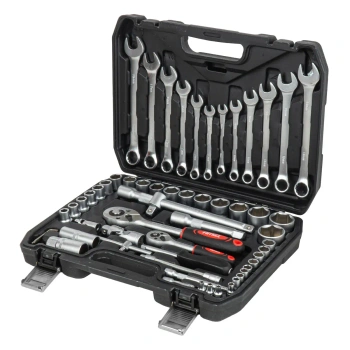 Zestaw 61 narzędzi: klucze płasko-oczkowe 8-19 mm, nasadki 1/4" i 1/2", grzechotki, w walizce - AMiO 05017