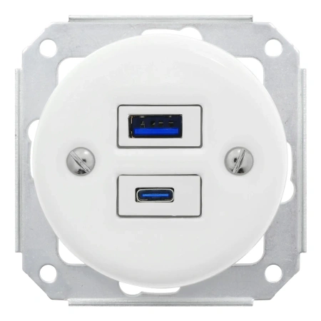 2x Gniazdko elektryczne okrągłe + Gniazdko USB A+C 4A białe z ramką potrójną ciemne drewno, montaż podtynkowy, Ceramic Loft