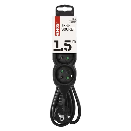 Przedłużacz sieciowy 1.5m, 3 gniazda z uziemieniem, 10A, czarny, 1mm2, 2300W, EMOS PC0311