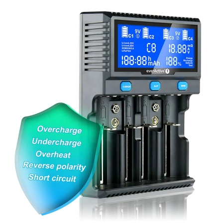 Ładowarka do 4 ogniw cylindrycznych i 2 akumulatorów 9 V, Li-ion, LiFePO4, Ni-MH, everActive UC-4200