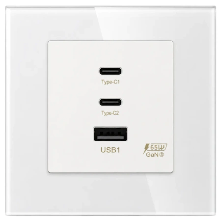 Ładowarka USB A + 2xC 65W GaN biała podtynkowa z ramką szklaną - TAWOIA Glass