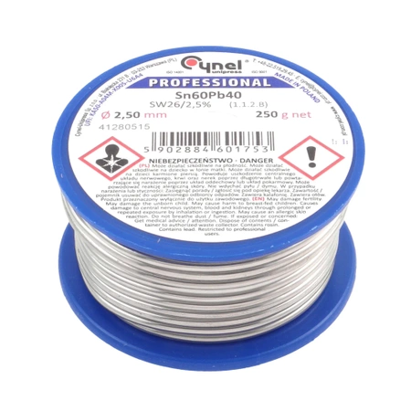 Cyna lutownicza z topnikiem SW26 - 2.5mm - spoiwo Sn60Pb40 Cynel 250g