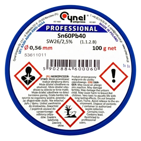 Cyna lutownicza z topnikiem SW26 - 0.56mm - spoiwo Sn60Pb40 Cynel 100g
