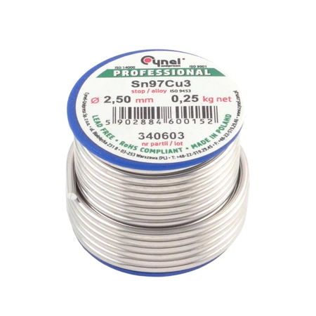 Cyna lutownicza bezołowiowa - spoiwo Sn97Cu3 bez topnika - do instalacji miedzianych - 2,50mm - Cynel 250g