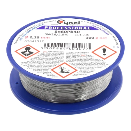 Cyna lutownicza z topnikiem SW26 - 0.25mm - spoiwo Sn60Pb40 Cynel 100g