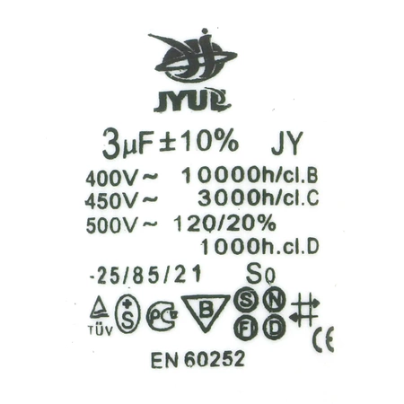 Kondensator rozruchowy do silnika, CBB60 3uF 450Vac 30x58mm przewód