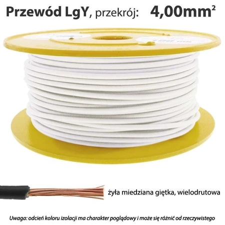 Przewód instalacyjny miedziany jednożyłowy LgY 4,00 mm2, linka giętka, biały