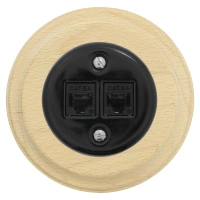 Gniazdo Ethernet Cat6 x2 okrągłe czarne z ramką jasne drewno, montaż podtynkowy, Ceramic Loft