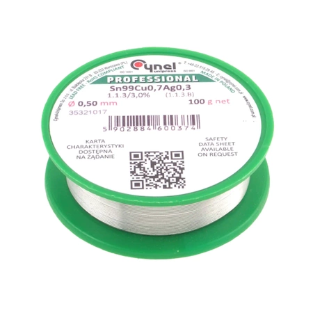 Cyna lutownicza bezołowiowa - spoiwo Sn99Cu0,7Ag0,3 - topnik 1.1.3 - 0,5mm - Cynel 100g
