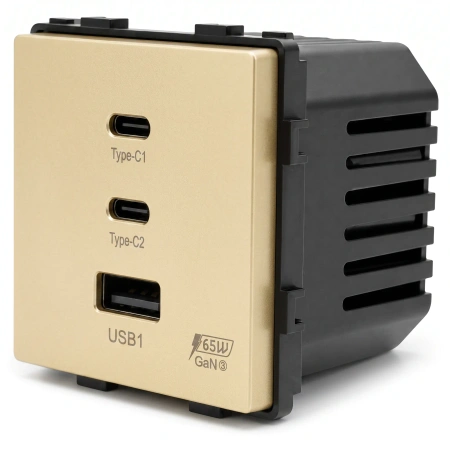 Ładowarka USB A + 2xC 65W GaN złota podtynkowa (moduł bez ramki) - TAWOIA Glass