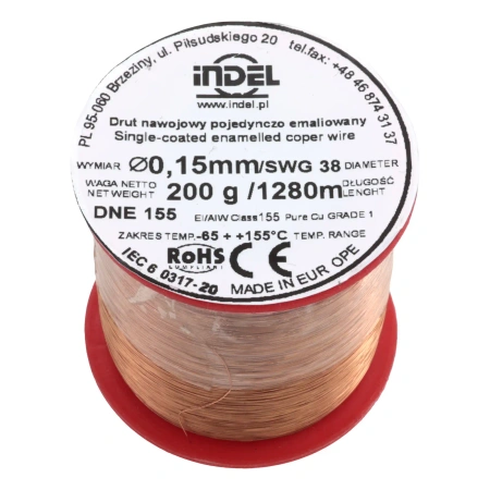 Drut nawojowy emaliowany, 0,15mm, miedź Pure Cu Grade 1, klasa cieplna 155°C, szpulka 200g, ok. 1280m, Indel