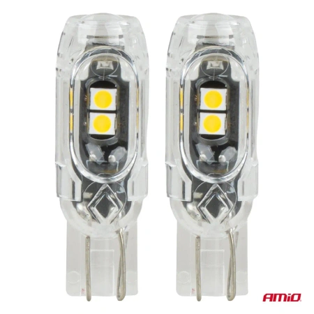 Żarówki LED W5W T10 bez CANBUS 12 V, 5 diod SMD 2835, przezroczysty korpus, światło białe, 2 szt. - AMiO 04995