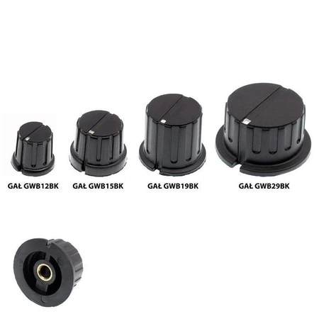 Gałka z kołnierzem, oś 6mm, fi21x16mm, czarna