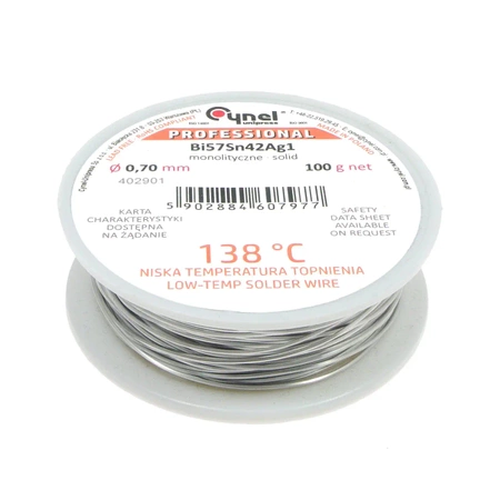 Cyna lutownicza niskotopliwa Bi57Sn42Ag1 bez topnika - 138°C - 0,70mm - Cynel 100 g