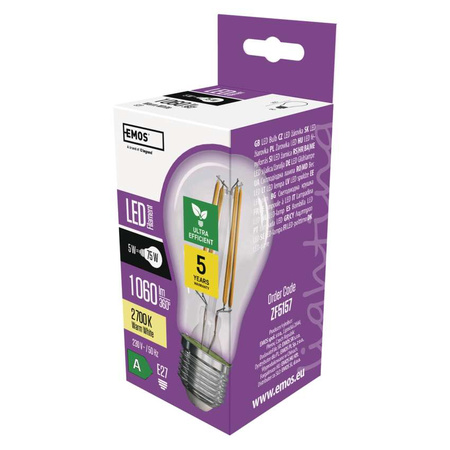 Żarówka LED E27 bańka A60, 5 W, odpowiednik 75 W, ciepła biel, 1060 lm, filament, EMOS ZAR-E-ZF5157