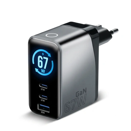 Ładowarka sieciowa GaN LCD 67W 2x USB-C PD + USB-A - everActive SC-670Q PRO