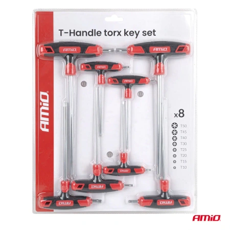 Klucze Torx Security z rękojeścią T T10–T50, zestaw 8 szt., stal Cr-V, AMIO-04827