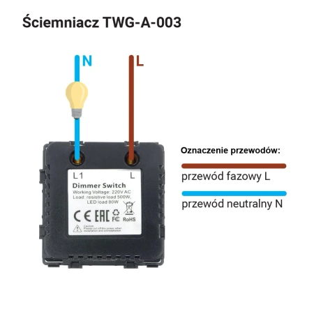 Ściemniacz dimmer 500W, 80W dla LED - szklana ramka - złoty - Tawoia Glass