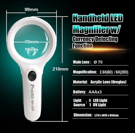 Lupa z podświetlaniem LED+UV 2.5/6x MA-029 Proskit