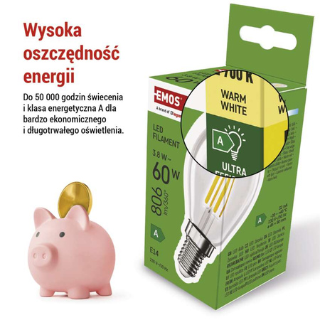 Żarówka LED E14 kulka Mini Globe, 3,8 W, odpowiednik 60 W, ciepła biel, 806 lm, filament, EMOS ZAR-E-ZF1A42