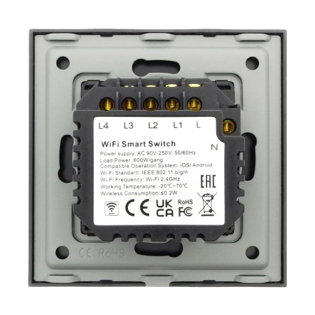 Włącznik poczwórny Smart 600W WiFi i Bluetooth - dotykowy szklany panel czarny - podtynkowy - TAWOIA Smart Home