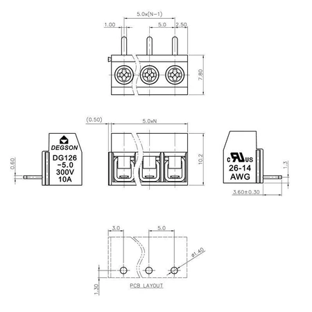 Złącze śrubowe 3 pola, raster 5, h=10.2mm kątowe DG126