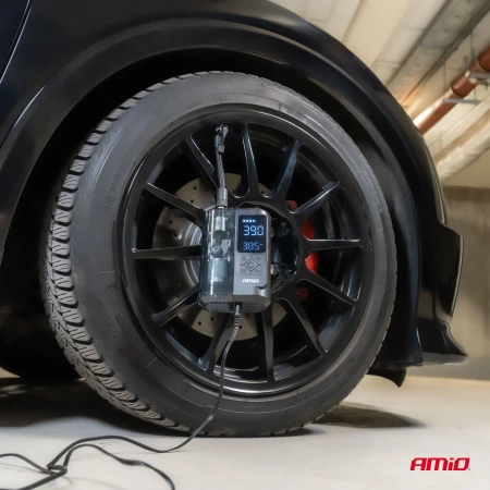 Kompresor samochodowy bezprzewodowy z wyświetlaczem LED 40W USB-C, max 10 bar, powerbank 2x2000 mAh, AMIO-04278