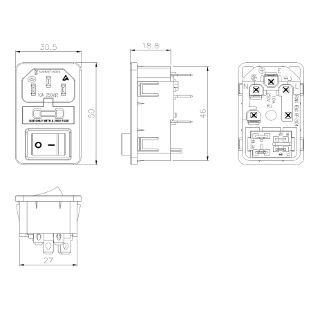 Zintegrowane gniazdo zasilania 230V IEC, 10A, włącznik, bezpiecznik, RF-2004